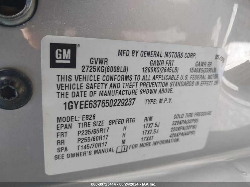 2005 Cadillac Srx V6 VIN: 1GYEE637650229237 Lot: 39723414