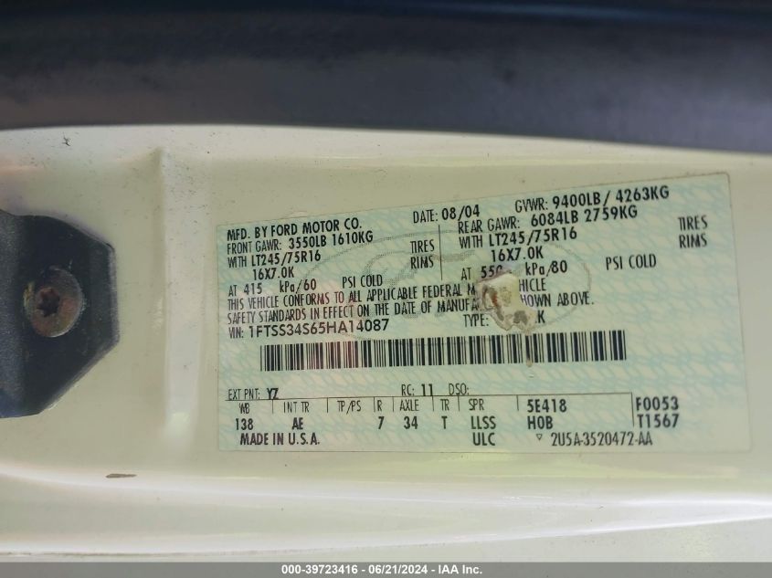 2005 Ford E-350 Super Duty Commercial/Recreational VIN: 1FTSS34S65HA14087 Lot: 39723416
