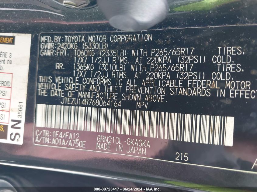 2006 Toyota 4Runner Sr5 V6 VIN: JTEZU14R768064164 Lot: 39723417