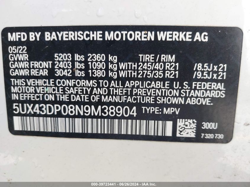2022 BMW X3 Sdrive30I VIN: 5UX43DP08N9M38904 Lot: 39723441