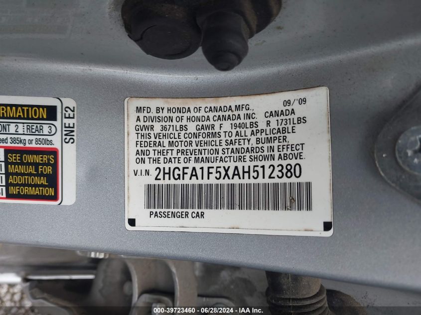 2010 Honda Civic Lx VIN: 2HGFA1F5XAH512380 Lot: 39723460