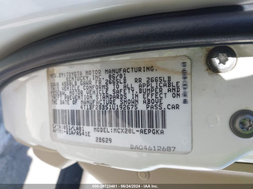 2001 Toyota Avalon Xls VIN: 4T1BF28B51U192675 Lot: 39723461