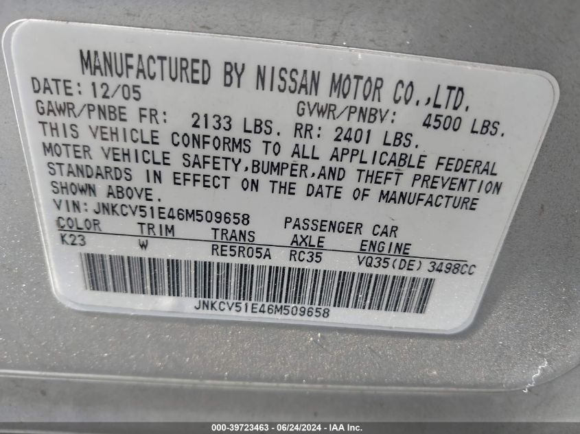 2006 Infiniti G35 VIN: JNKCV51E46M509658 Lot: 39723463