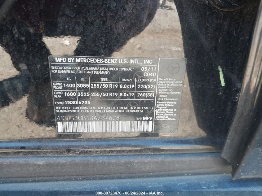 2011 Mercedes-Benz Ml 350 4Matic VIN: 4JGBB8GB1BA737628 Lot: 39723470