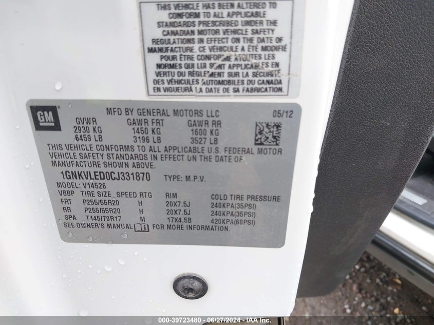 2012 Chevrolet Traverse Ltz VIN: 1GNKVLED0CJ331870 Lot: 39723480