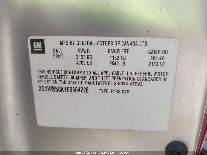 2006 Chevrolet Impala Ls VIN: 2G1WB58K169304226 Lot: 39723482