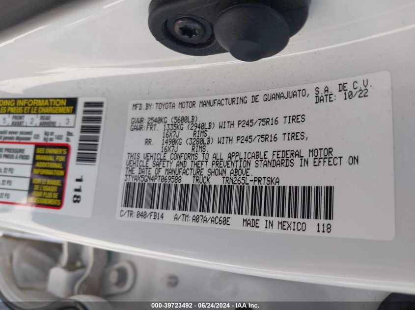 2023 Toyota Tacoma Sr VIN: 3TYAX5GN4PT069588 Lot: 39723492