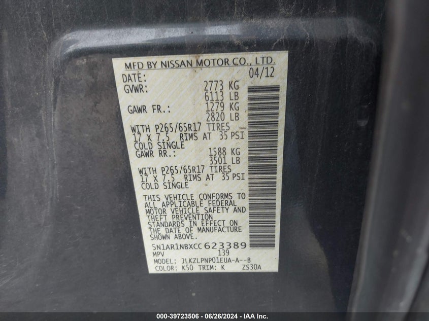 2012 Nissan Pathfinder Silver VIN: 5N1AR1NBXCC623389 Lot: 39723506