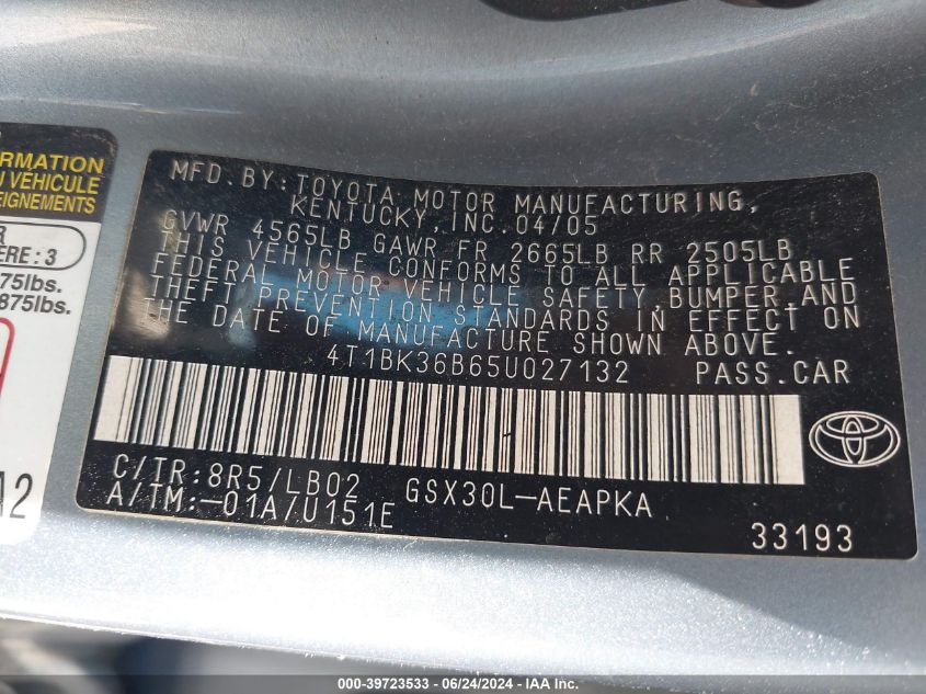 2005 Toyota Avalon Limited VIN: 4T1BK36B65U027132 Lot: 39723533