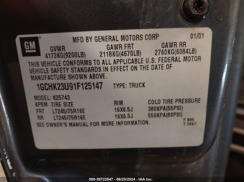 2001 Chevrolet Silverado 2500Hd Lt VIN: 1GCHK23U91F125147 Lot: 39723547