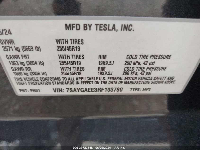 2024 Tesla Model Y Long Range Dual Motor All-Wheel Drive VIN: 7SAYGAEE3RF103780 Lot: 39723546