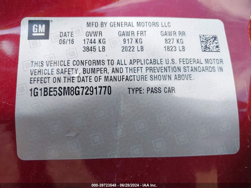 2016 Chevrolet Cruze Lt Auto VIN: 1G1BE5SM8G7291770 Lot: 39723548