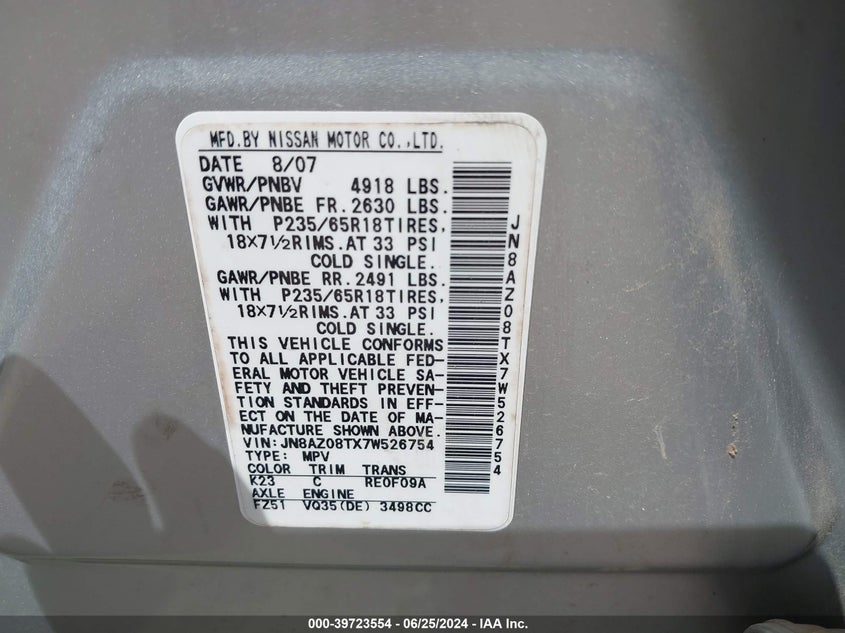 2007 Nissan Murano Sl/Se/S VIN: JN8AZ08TX7W526754 Lot: 39723554