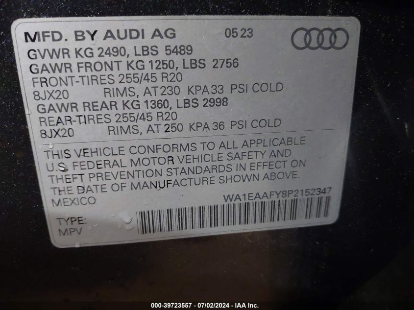 2023 Audi Q5 Premium Plus 45 Tfsi S Line Quattro VIN: WA1EAAFY8P2152347 Lot: 39723557