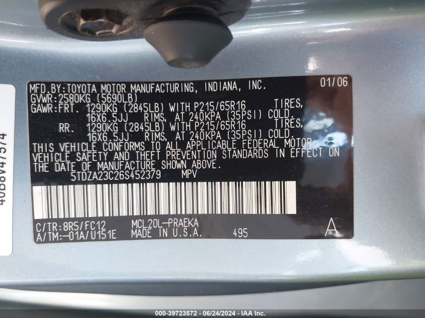 2006 Toyota Sienna Le VIN: 5TDZA23C26S452379 Lot: 39723572