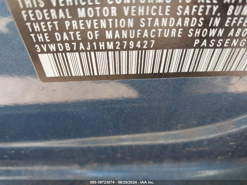 2017 Volkswagen Jetta Se VIN: 3VWDB7AJ1HM279427 Lot: 39723574