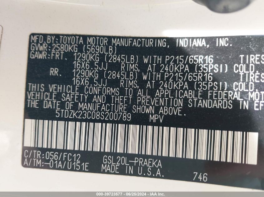 2008 Toyota Sienna Le VIN: 5TDZK23C08S200789 Lot: 39723577