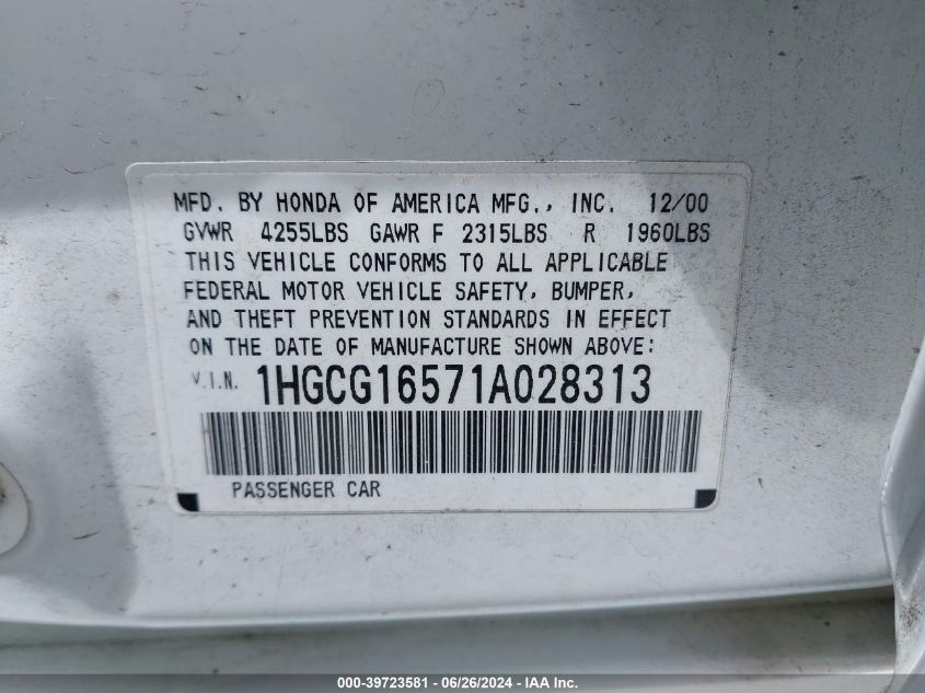 2001 Honda Accord 3.0 Ex VIN: 1HGCG16571A028313 Lot: 39723581