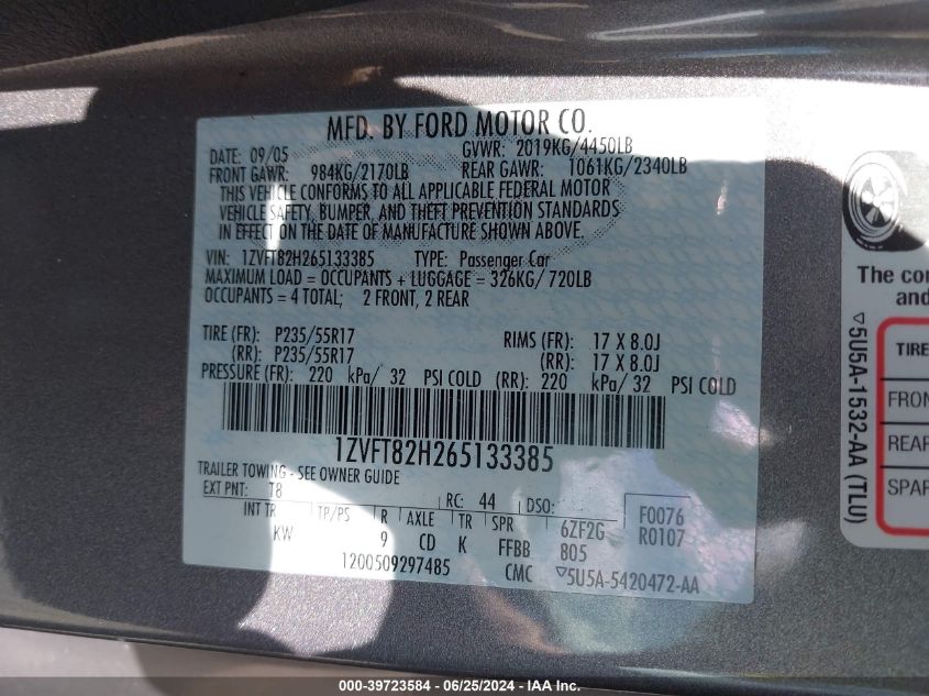 2006 Ford Mustang Gt VIN: 1ZVFT82H265133385 Lot: 39723584