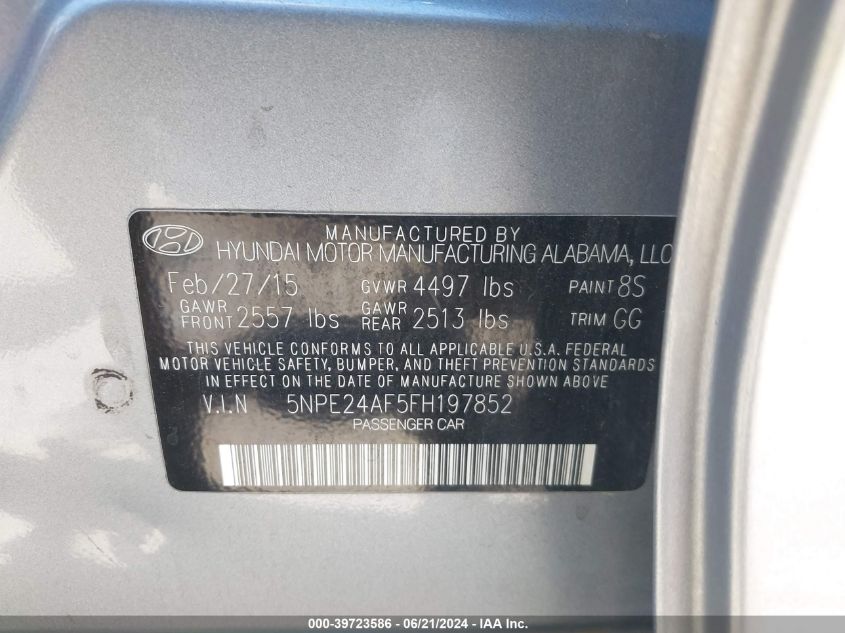 2015 Hyundai Sonata Se VIN: 5NPE24AF5FH197852 Lot: 39723586