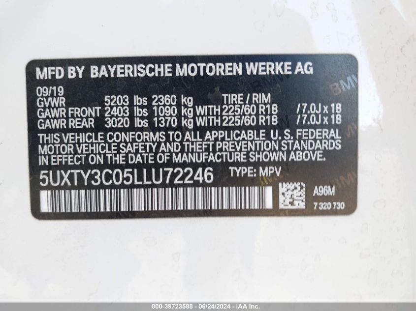 2020 BMW X3 Sdrive30I VIN: 5UXTY3C05LLU72246 Lot: 39723588