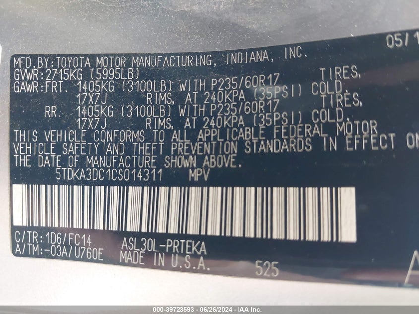 2012 Toyota Sienna Le 8 Passenger VIN: 5TDKA3DC1CS014311 Lot: 39723593