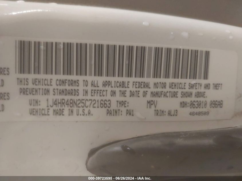 2005 Jeep Grand Cherokee Laredo VIN: 1J4HR48N25C721663 Lot: 39723595