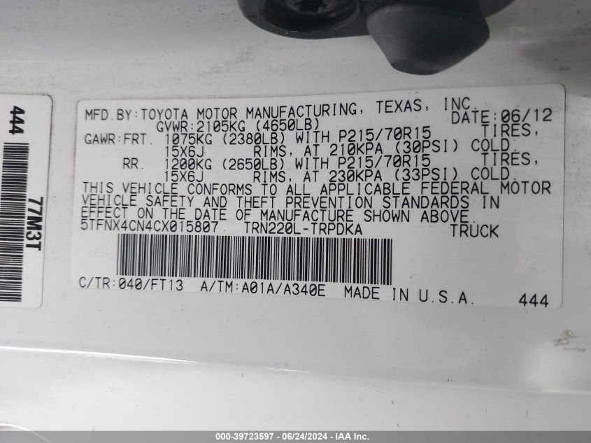 2012 Toyota Tacoma VIN: 5TFNX4CN4CX015807 Lot: 39723597