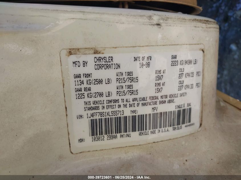 1999 Jeep Cherokee Classic VIN: 1J4FF78S1XL555713 Lot: 39723601