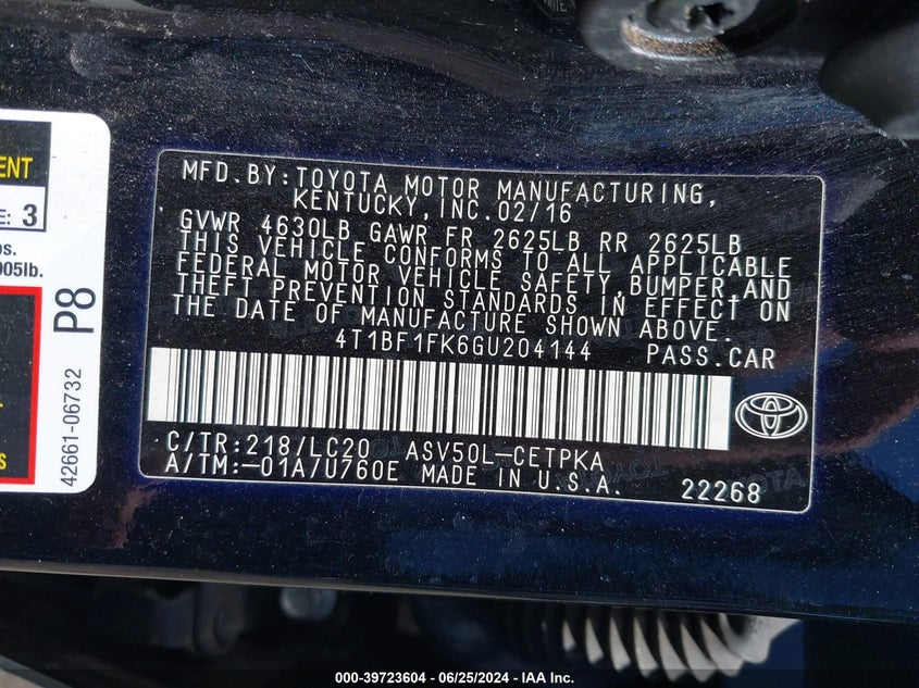 2016 Toyota Camry Xse VIN: 4T1BF1FK6GU204144 Lot: 39723604