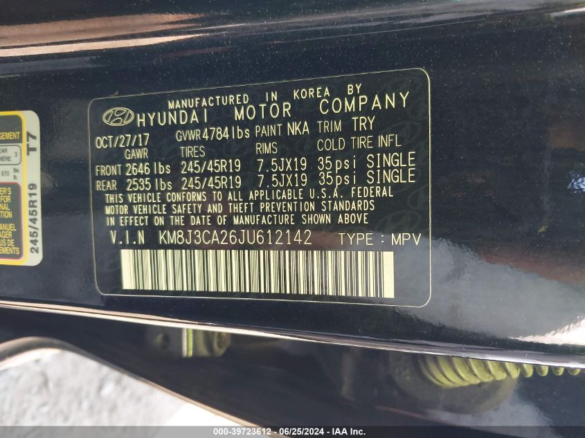 2018 Hyundai Tucson Limited/Sport And Eco/Se VIN: KM8J3CA26JU612142 Lot: 39723612