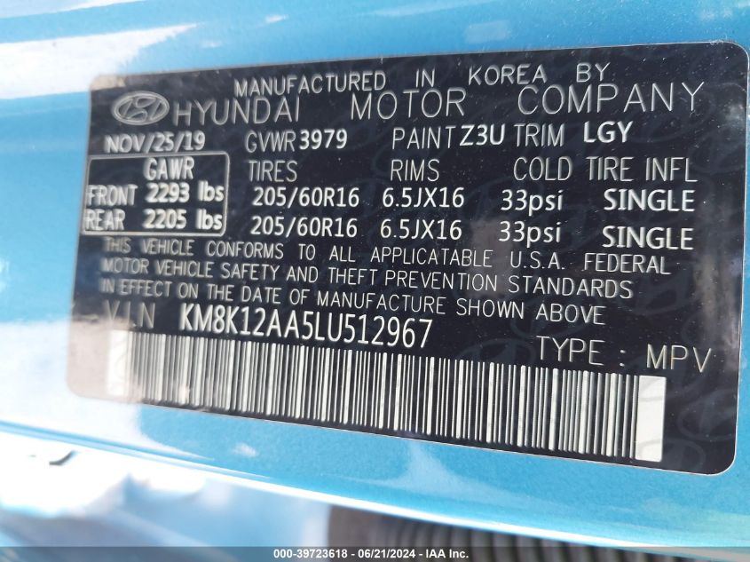 2020 Hyundai Kona Se VIN: KM8K12AA5LU512967 Lot: 39723618