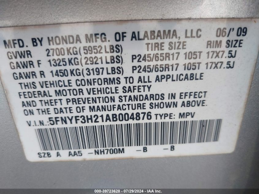 2010 Honda Pilot Lx VIN: 5FNYF3H21AB004876 Lot: 39723628