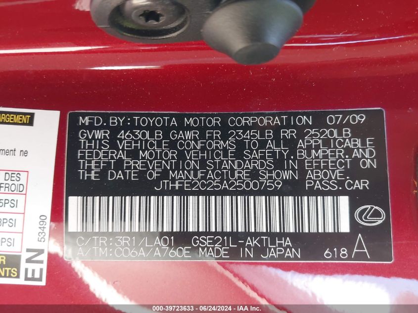 2010 Lexus Is 350C VIN: JTHFE2C25A2500759 Lot: 39723633