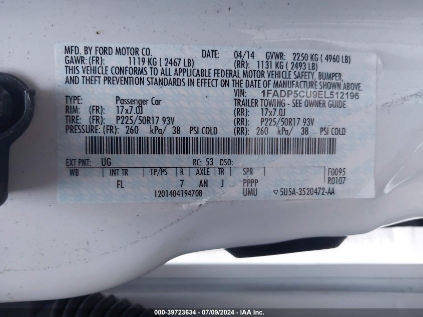 2014 Ford C-Max Energi Sel VIN: 1FADP5CU9EL512196 Lot: 39723634