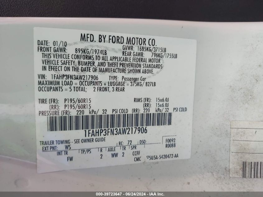 2010 Ford Focus Se VIN: 1FAHP3FN3AW217906 Lot: 39723647