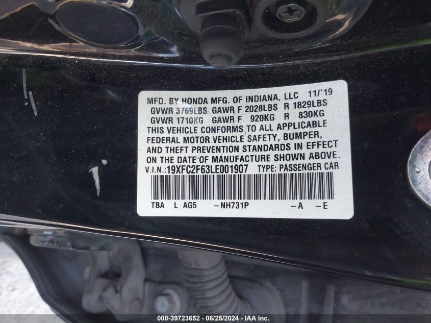 2020 Honda Civic Lx VIN: 19XFC2F63LE001907 Lot: 39723652