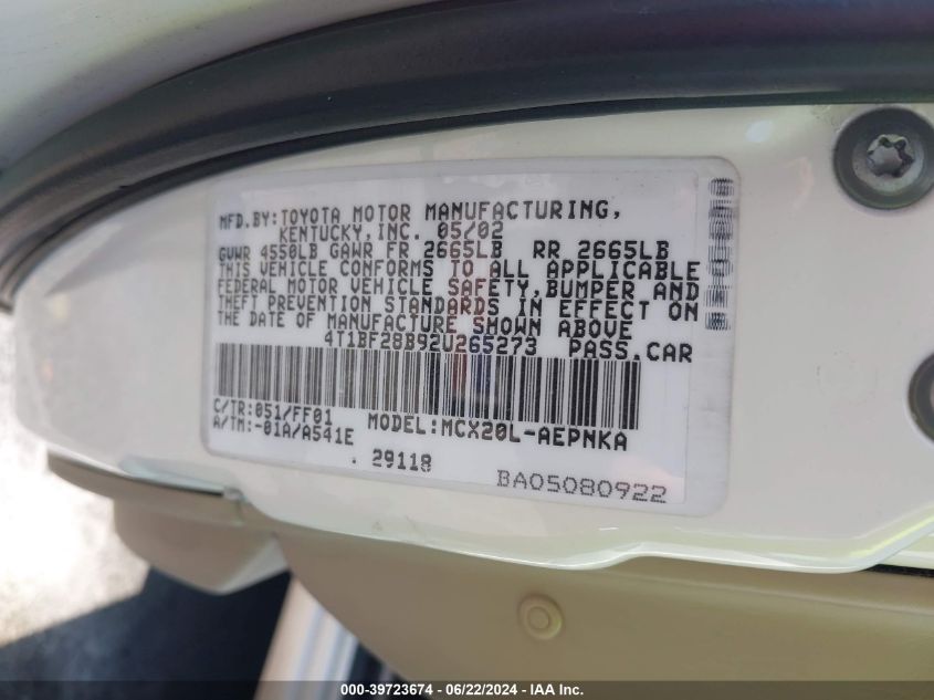 2002 Toyota Avalon Xl VIN: 4T1BF28B92U265273 Lot: 39723674