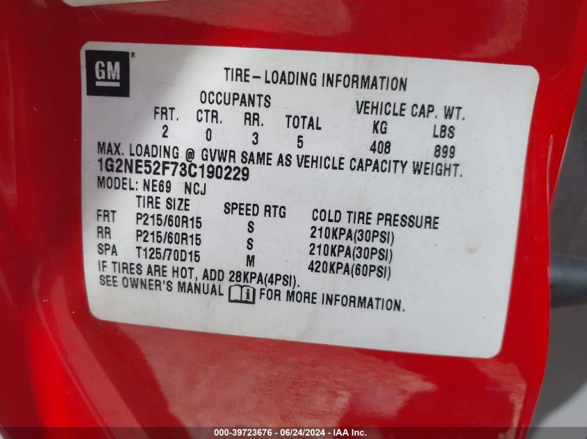 2003 Pontiac Grand Am Se VIN: 1G2NE52F73C190229 Lot: 39723676