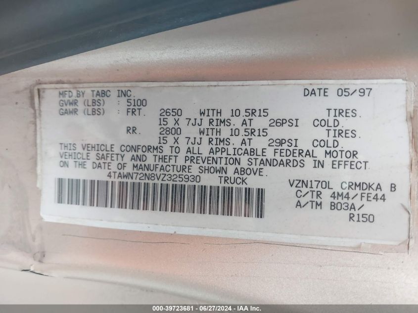 1997 Toyota Tacoma Xtracab VIN: 4TAWN72N8VZ325930 Lot: 39723681