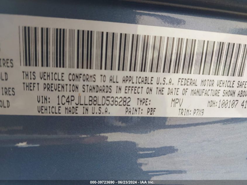 2020 Jeep Cherokee Latitude Plus VIN: 1C4PJLLB8LD536282 Lot: 39723690