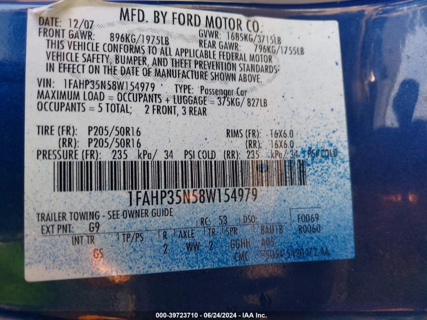 2008 Ford Focus Se/Ses VIN: 1FAHP35N58W154979 Lot: 39723710