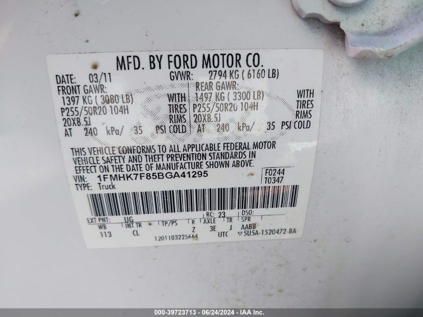 2011 Ford Explorer Limited VIN: 1FMHK7F85BGA41295 Lot: 39723713