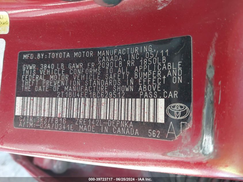 2011 Toyota Corolla Le VIN: 2T1BU4EE1BC629512 Lot: 39723717