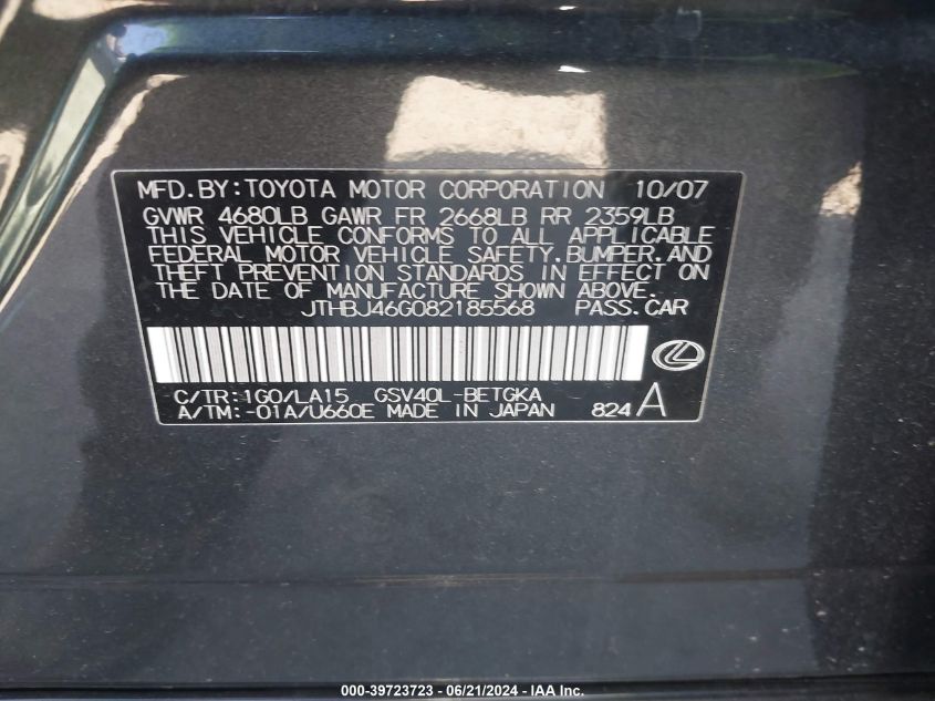 2008 Lexus Es 350 VIN: JTHBJ46G082185568 Lot: 39723723