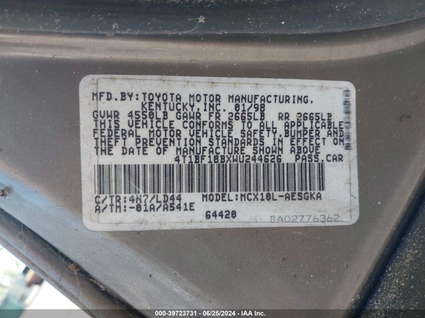 1998 Toyota Avalon VIN: 4TLBF16BXWU244626 Lot: 39723731