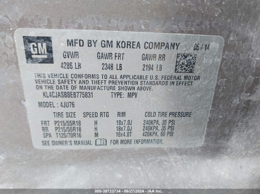 2014 Buick Encore VIN: KL4CJASB8EB775831 Lot: 39723734