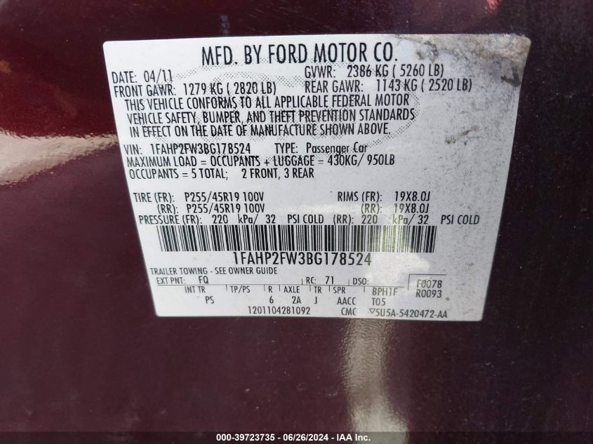 2011 Ford Taurus Limited VIN: 1FAHP2FW3BG178524 Lot: 39723735