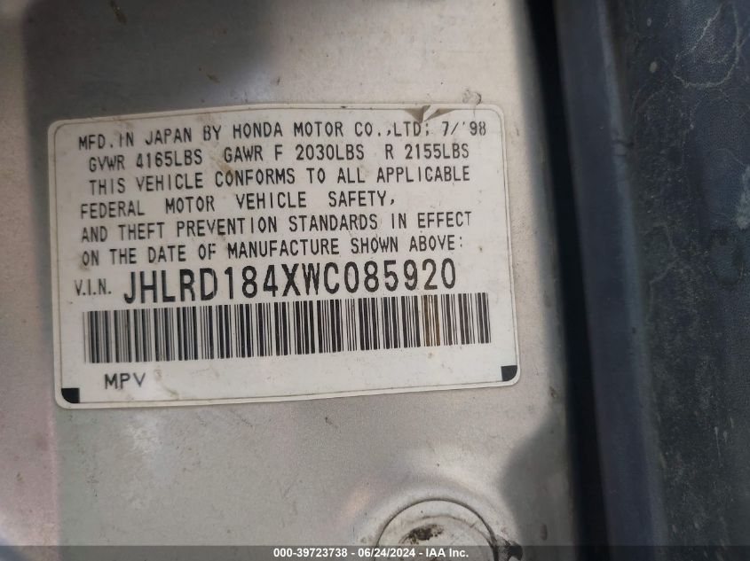 1998 Honda Cr-V Lx VIN: JHLRD184XWC085920 Lot: 39723738