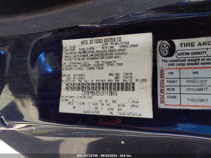 2010 Ford Mustang V6/V6 Premium VIN: 1ZVBP8AN2A5112815 Lot: 39723745